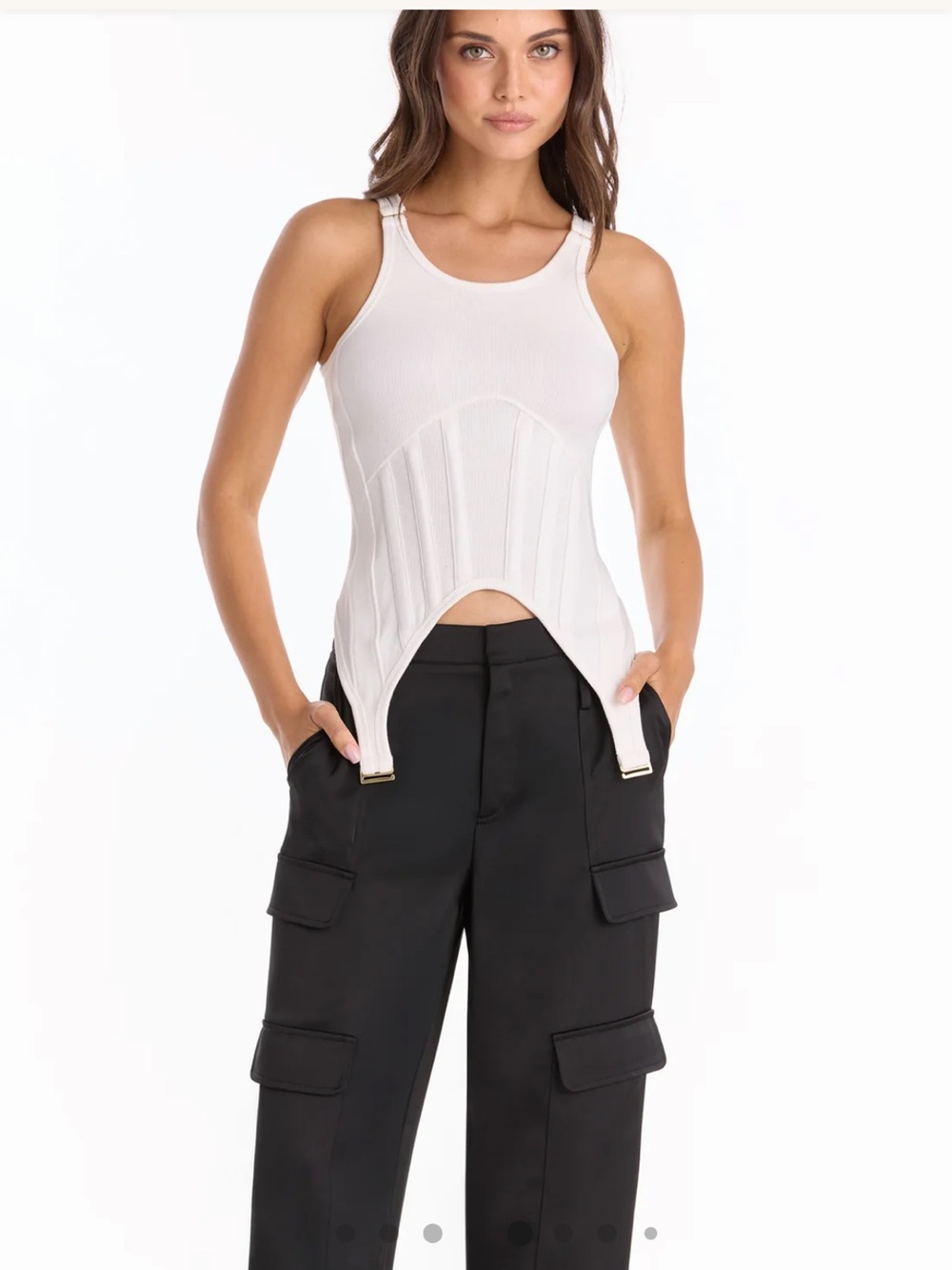 Noli White Ribbed Tank with Corset-Inspired Panel & Strap Tabs